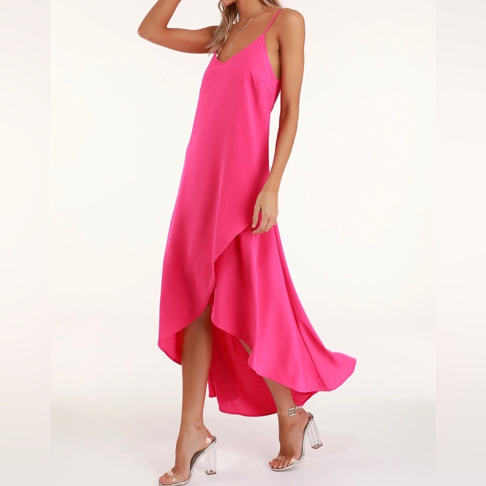 Lulus Sweet Surprise Bright Pink High-Low maxi dress size L